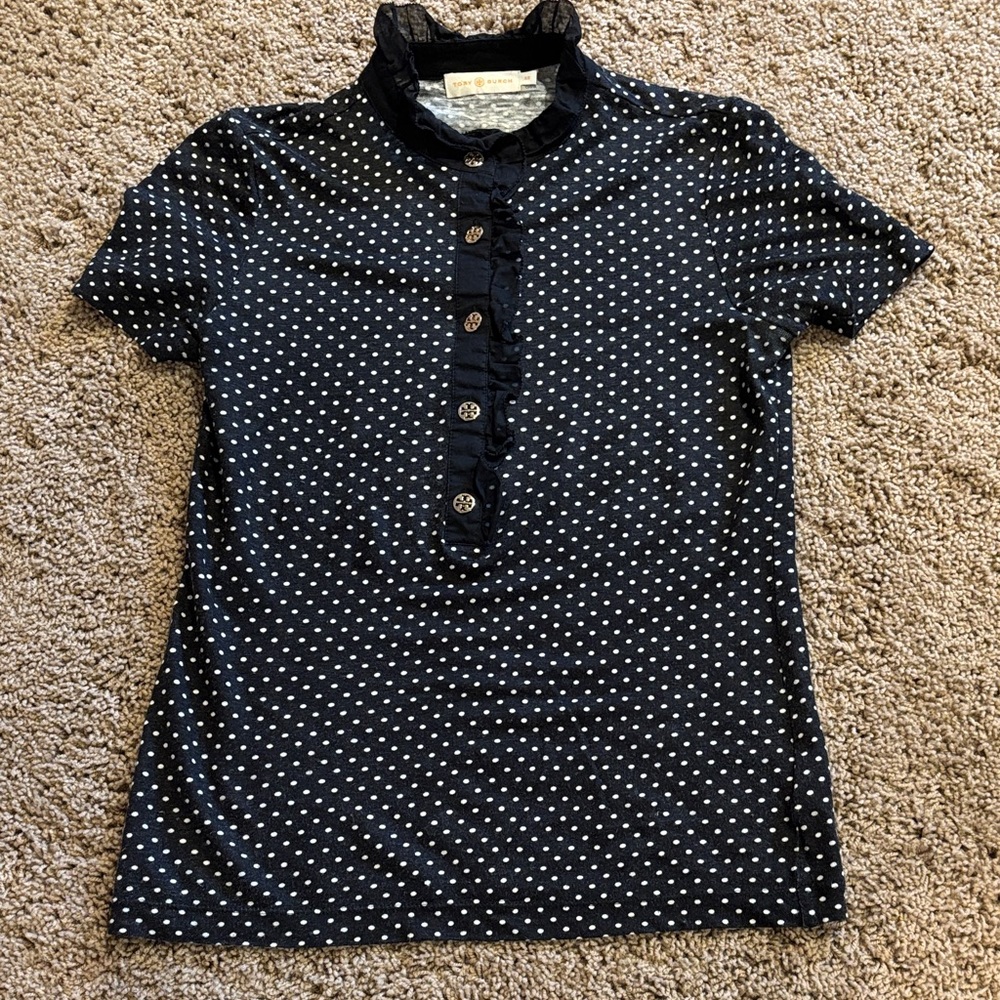 Tory Burch Short Ruffle Polka Dot Polo Shirt
